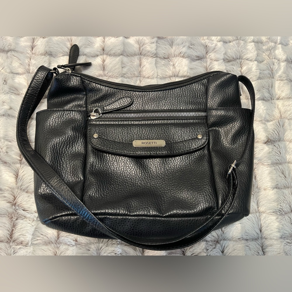Rosetti Black Textured Shoulder Bag with lots of pockets and side phone pockets.